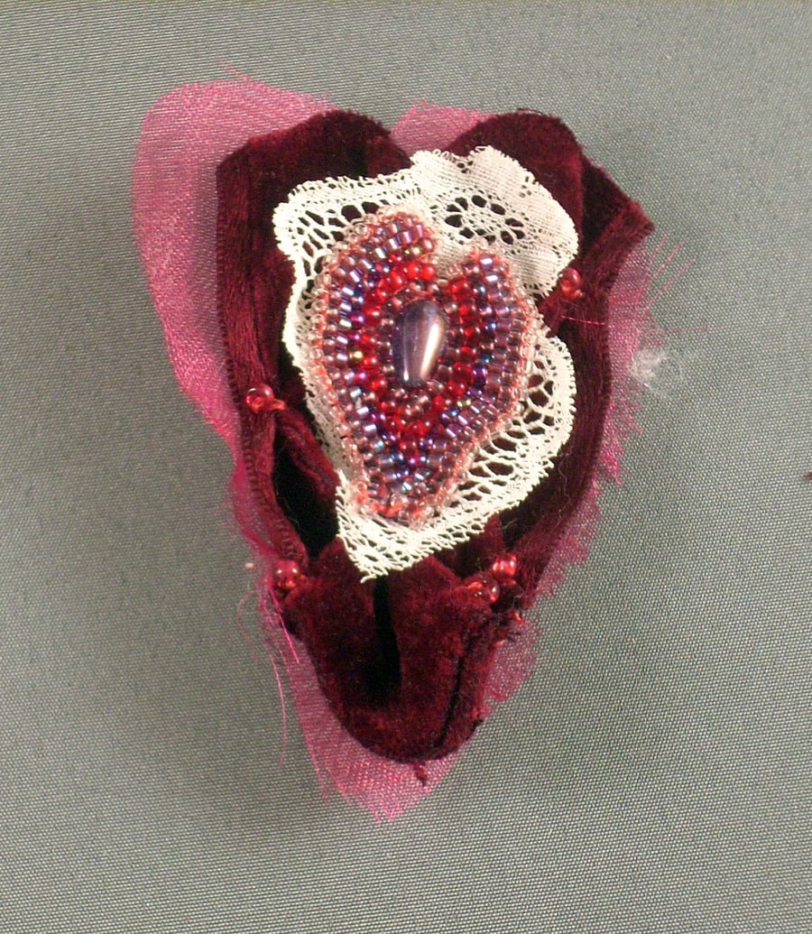 Velvet and Lace Heart Brooch