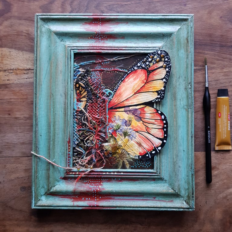 Butterfly Wing with Key framed mixed media original artwork 