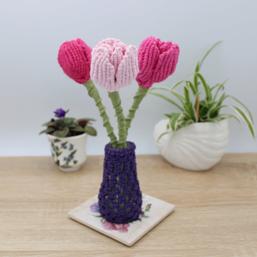 Sale Artificial macrame flowers, everlasting pink tulips