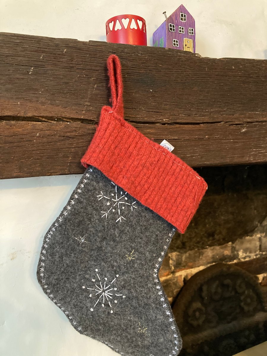 Christmas stocking - grey embroidered felted wool with rust trim
