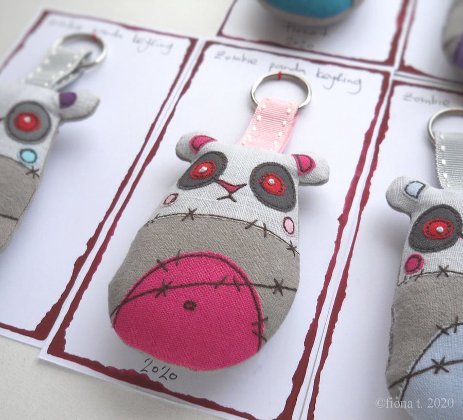 zombie panda freehand embroidered keyring bag charm pink