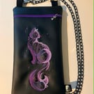 Embroidered Cat Crossbody Bag – Black Vinyl with Purple Cat Design 