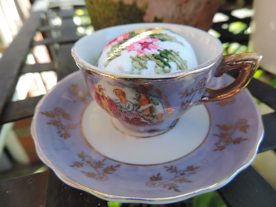 Mini teacup pincushion in purple luster 