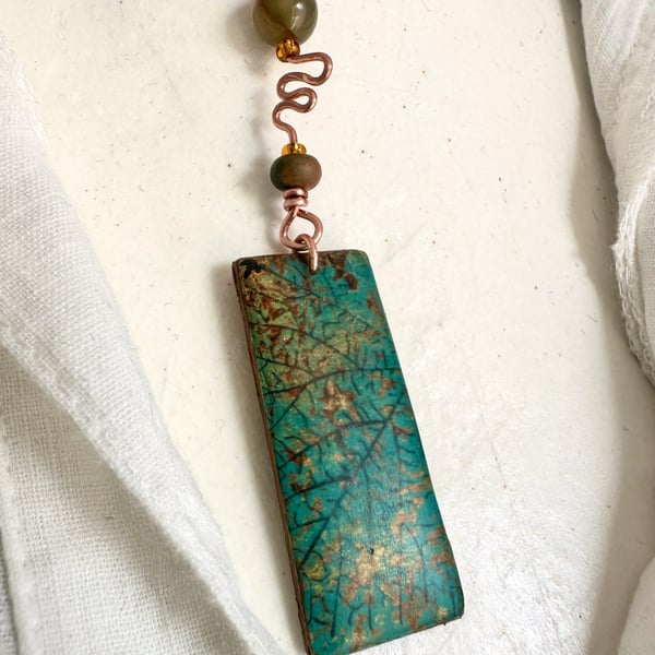 Hand-Printed Leaf Print Mixed Media Pendant