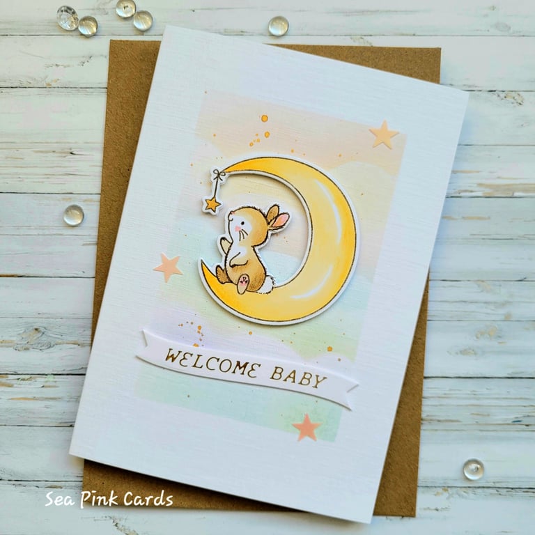 New Baby Card Bunny - moon, stars, welcome baby, handcrafted card