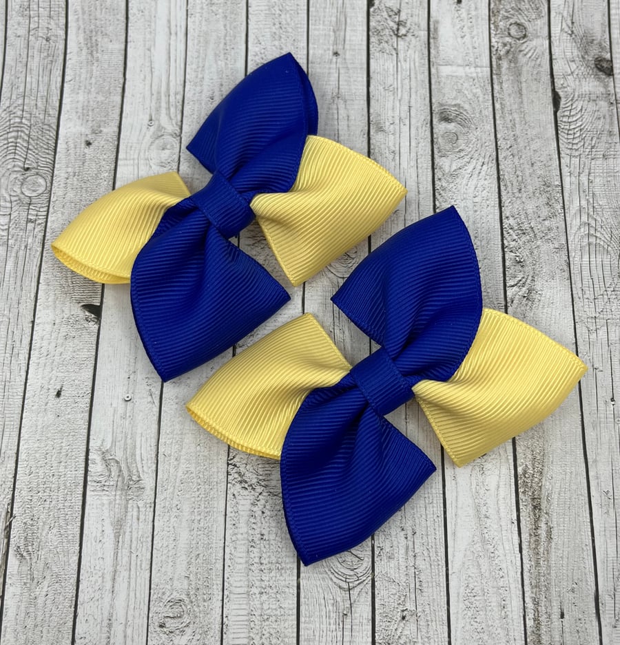 Cobalt Blue and Pale Yellow Square Double with Bows on Clips (pair)