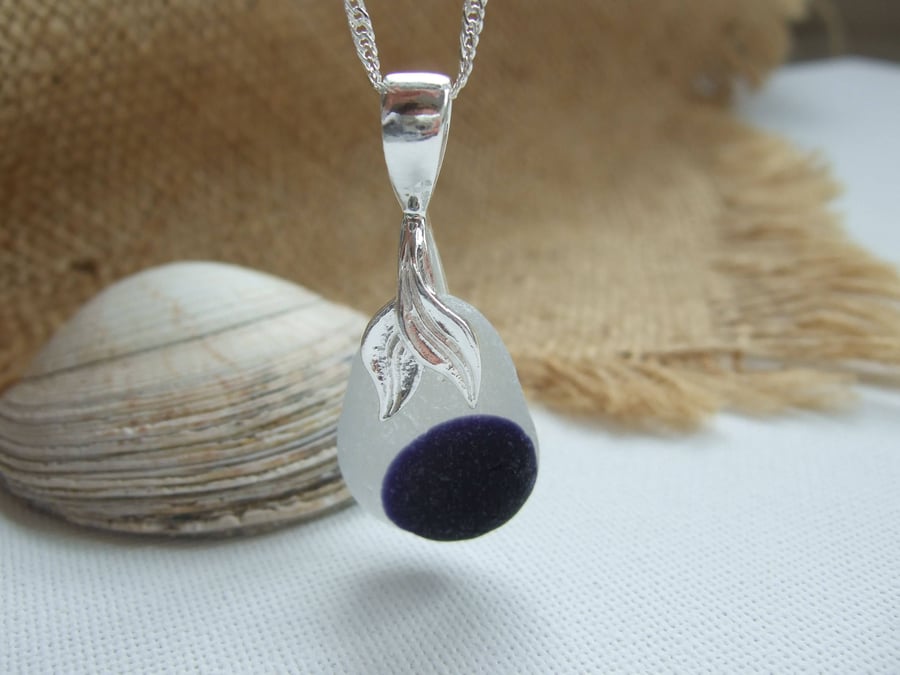 Purple multi sea glass pendant, Seaham purple multi, dot pattern sterling silver