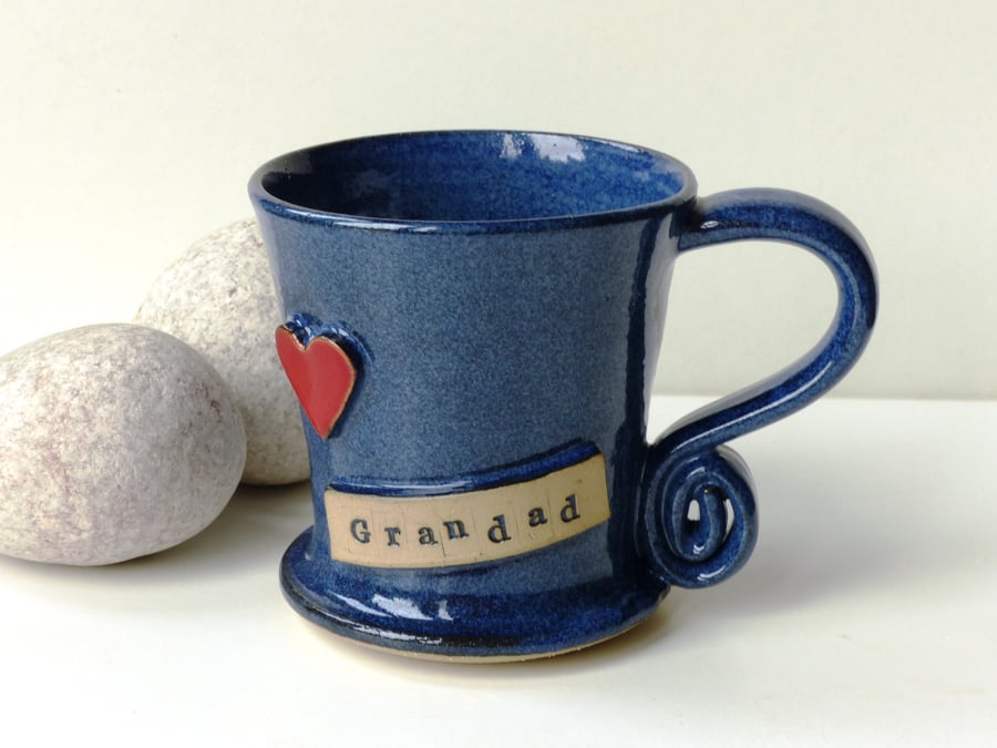Love Grandad Blue Mug Red Heart  Ceramic Pottery Handmade