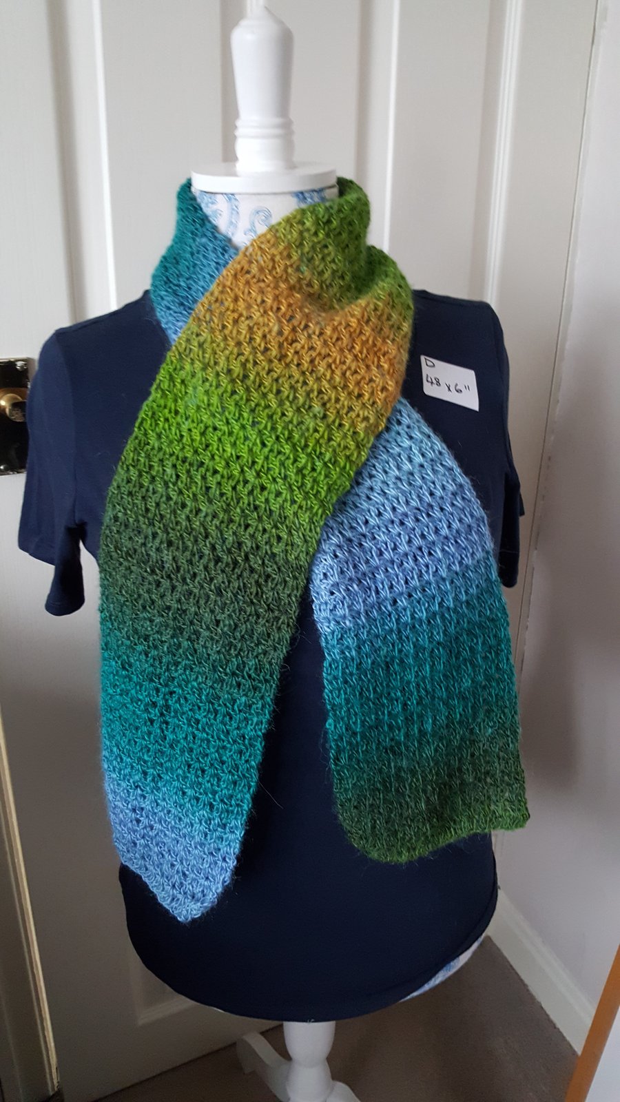 blue and green lightweight lacy crocheted scarf, 48 x 6 inches