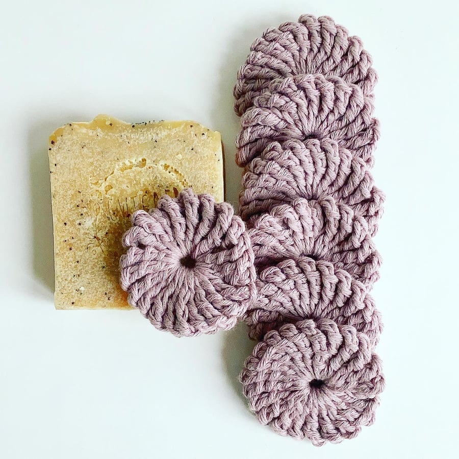 Crochet face scrubbies, pack of seven mulberry organic cotton pads