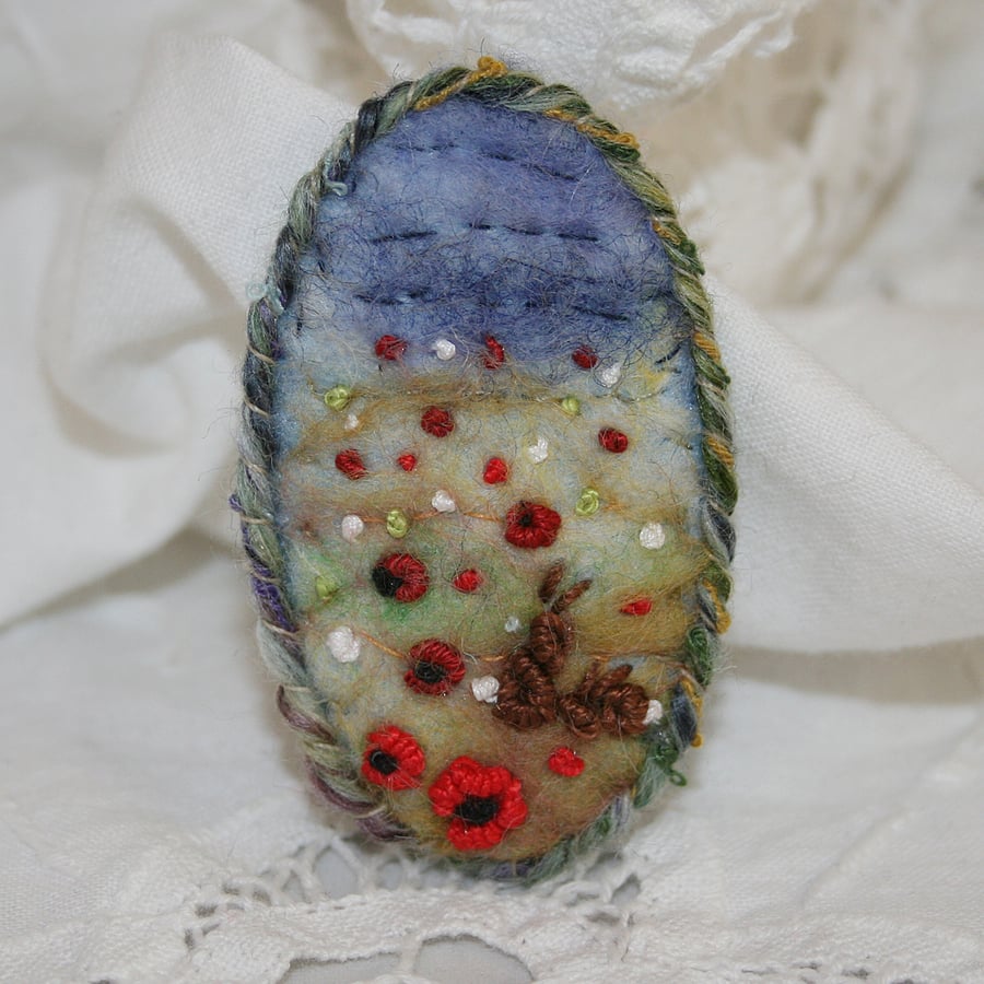 Embroidered Felted Brooch - Rabbits and Poppies