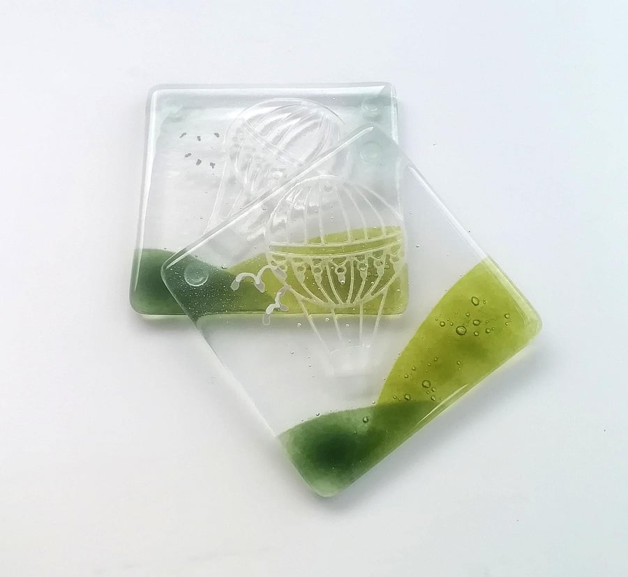 Set of two barware coasters, fused glass hot air balloon wine set, mug mats, avi
