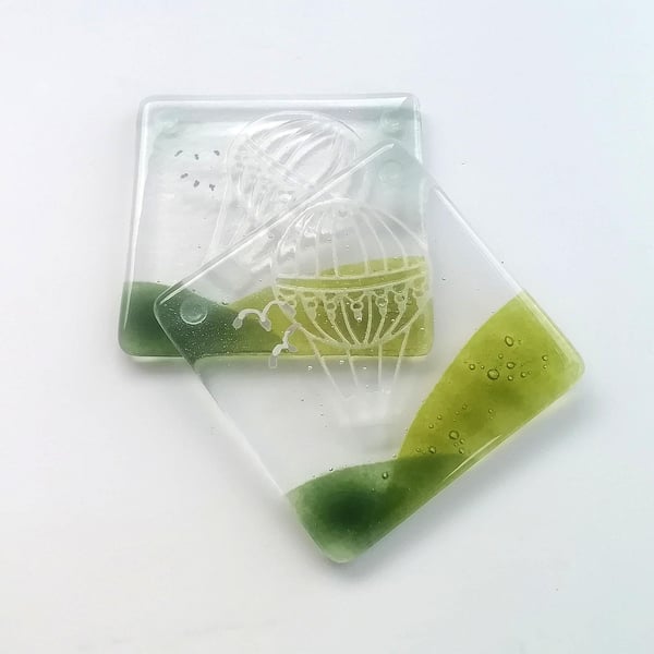 Set of two barware coasters, fused glass hot air balloon wine set, mug mats, avi
