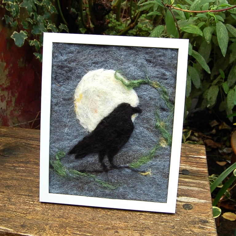 Raven in Moonlight.  Needle felted  wool picture 