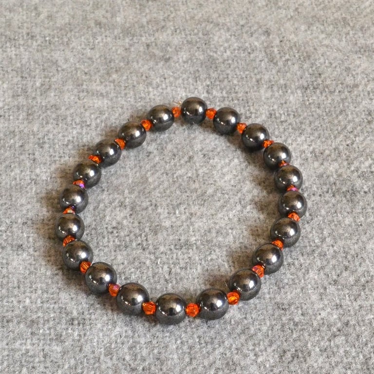 Hematite-Effect Glass Bead and Orange AB Crystal Bicone Elastic Bracelet