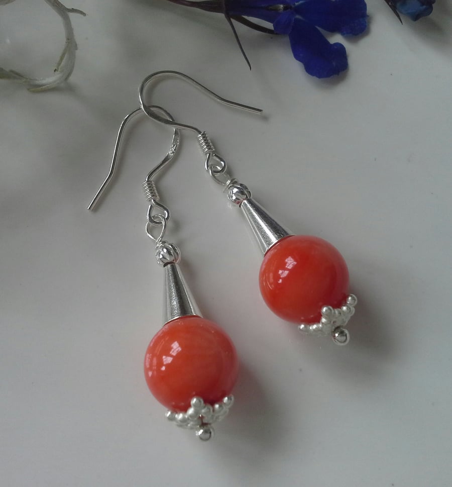 Eco Peach Coral Sterling Silver Earrings