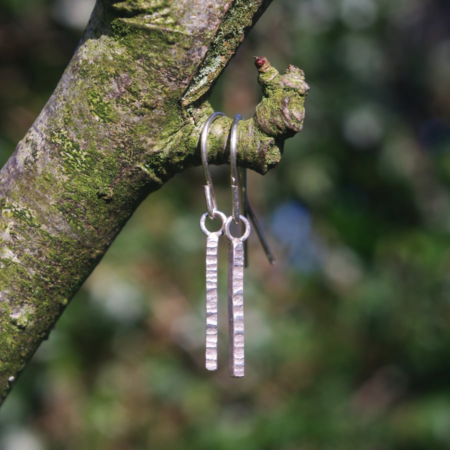 Silver Textured Square Bar Dangle Earrings