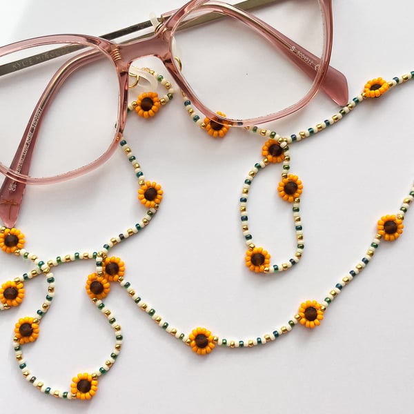 Sunflower Glasses Chain – Beaded Eyewear Cord in Yellow, Green & Gold