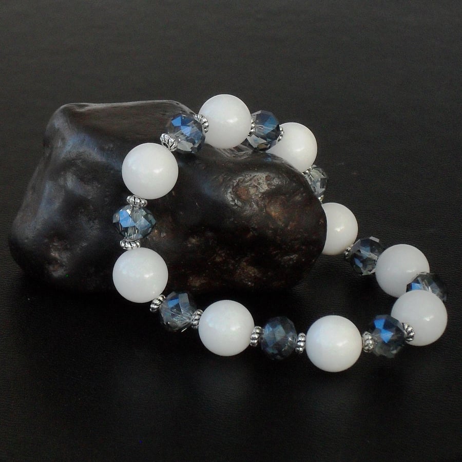 Handmade white jade & blue crystal bracelet
