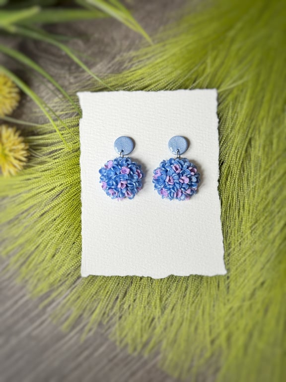 Blue & Lilac Hydrangea Flower Polymer Clay Earrings 