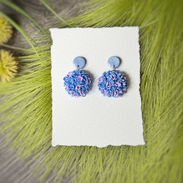 Blue & Lilac Hydrangea Flower Polymer Clay Earrings 