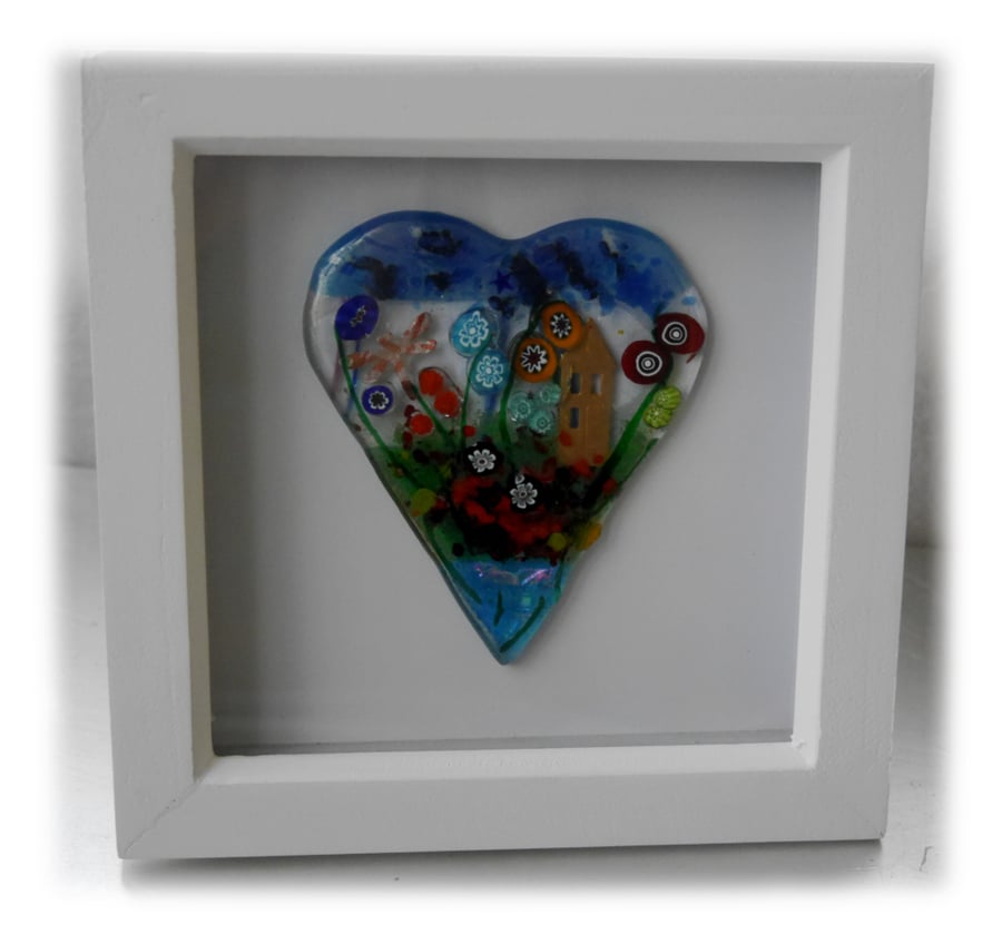 Flower Garden Heart in Box Frame Fused Glass Picture 008 Right House