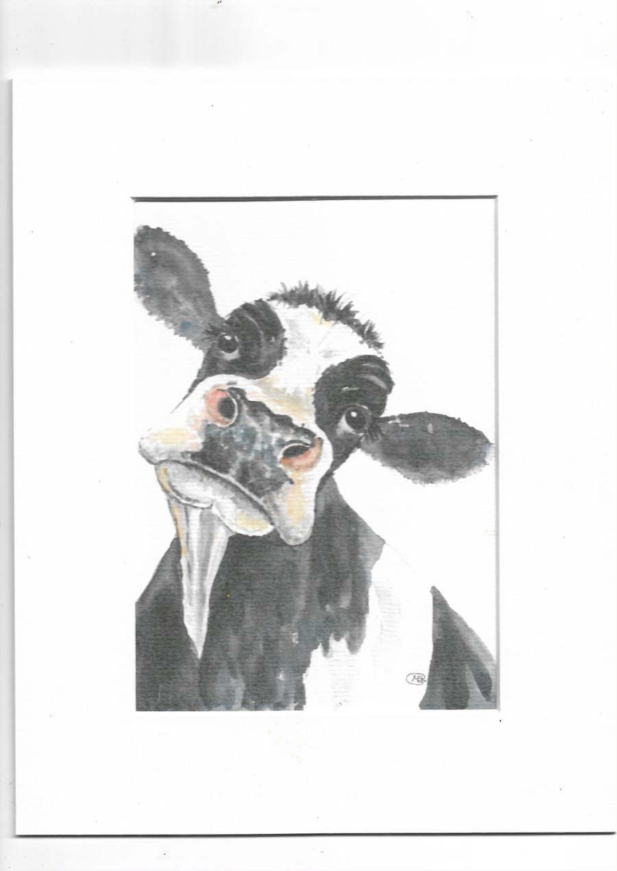 Cute black and white cow. Print with mount