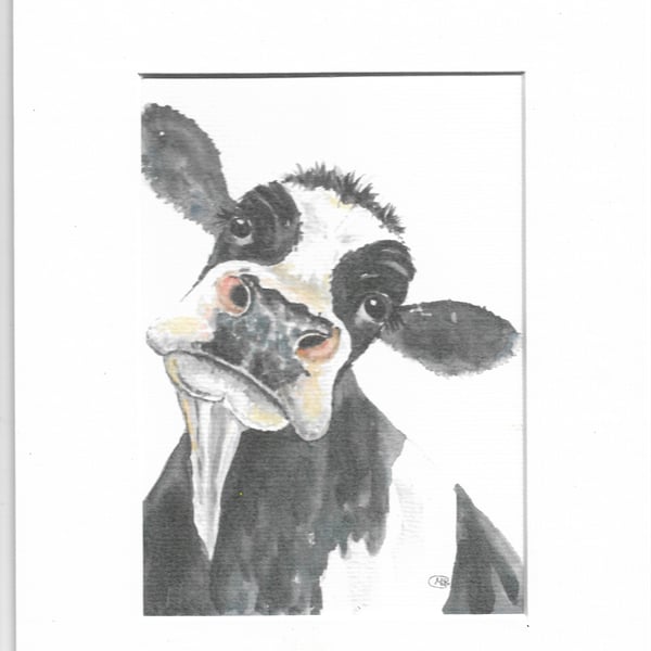 Cute black and white cow. Print with mount