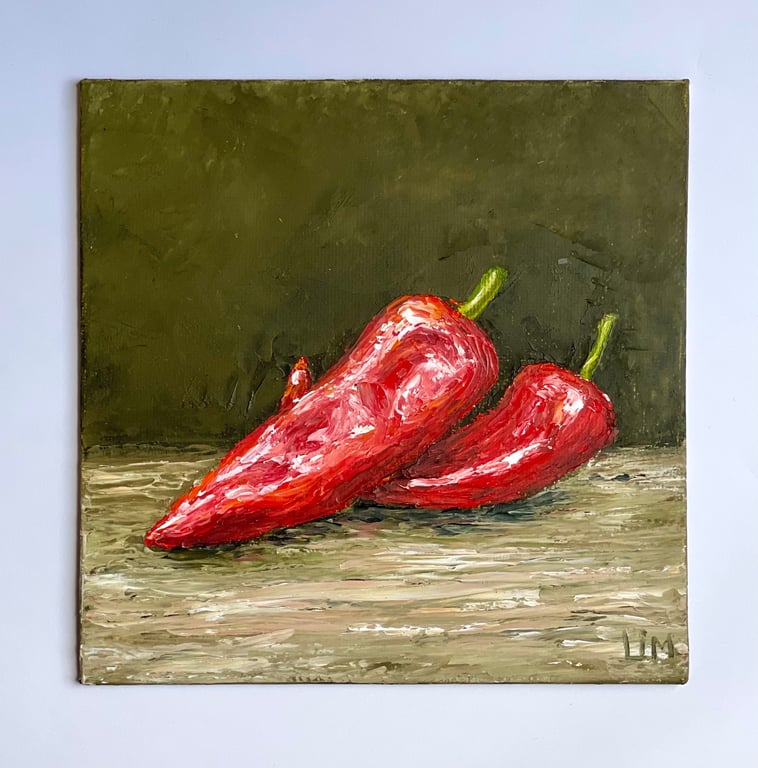 Red Peppers Painting Original Kitchen Art Vegetable Still Life Oil on Canvas Foo