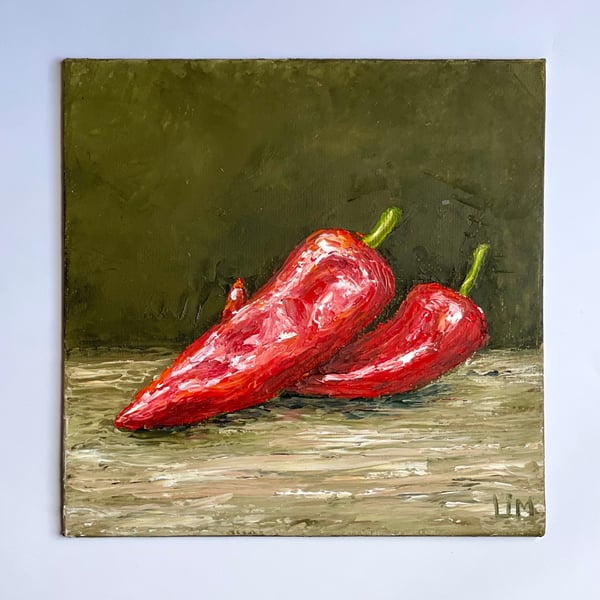 Red Peppers Painting Original Kitchen Art Vegetable Still Life Oil on Canvas Foo