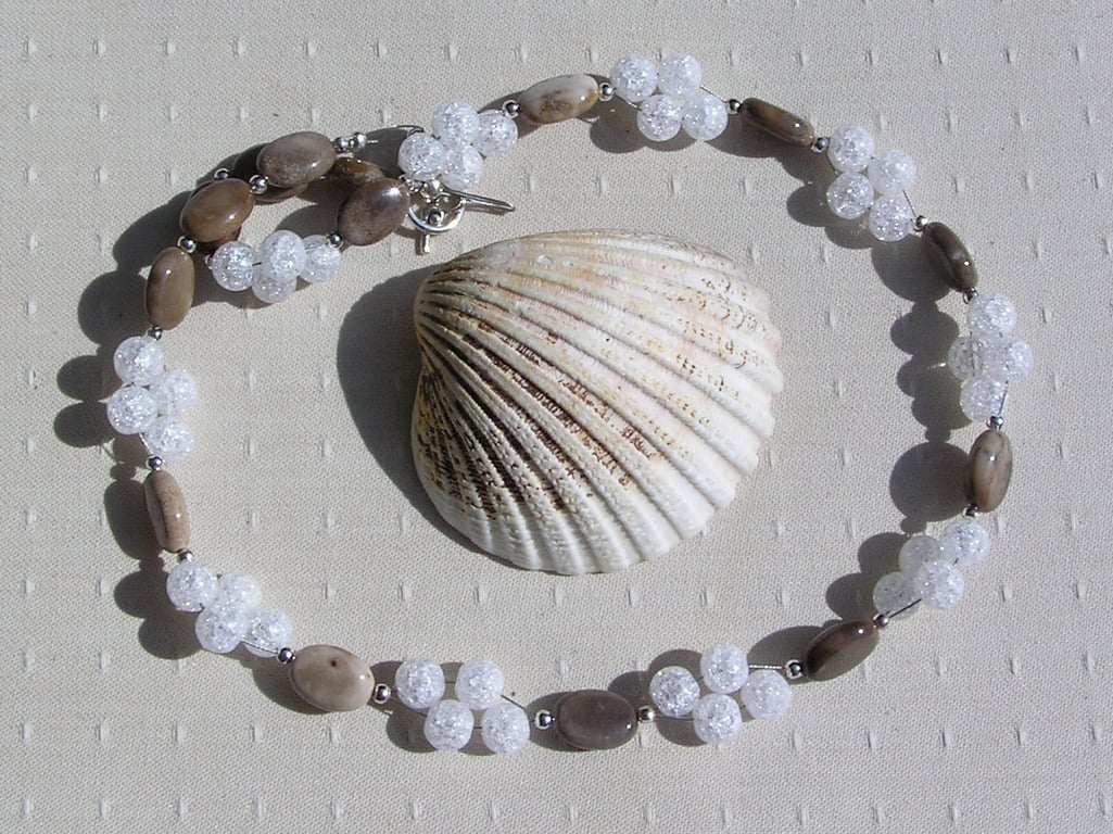 Coffee Agate & Clear Quartz Gemstone Crystal Chakra Necklace "Caramel Sparkle"