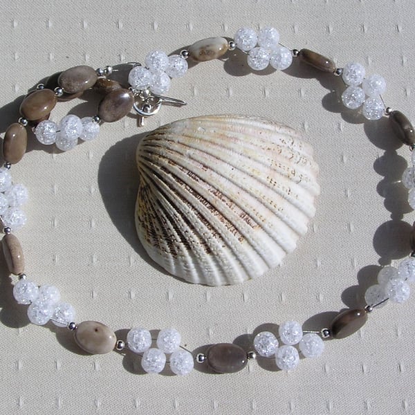 Coffee Agate & Clear Quartz Gemstone Crystal Chakra Necklace "Caramel Sparkle"