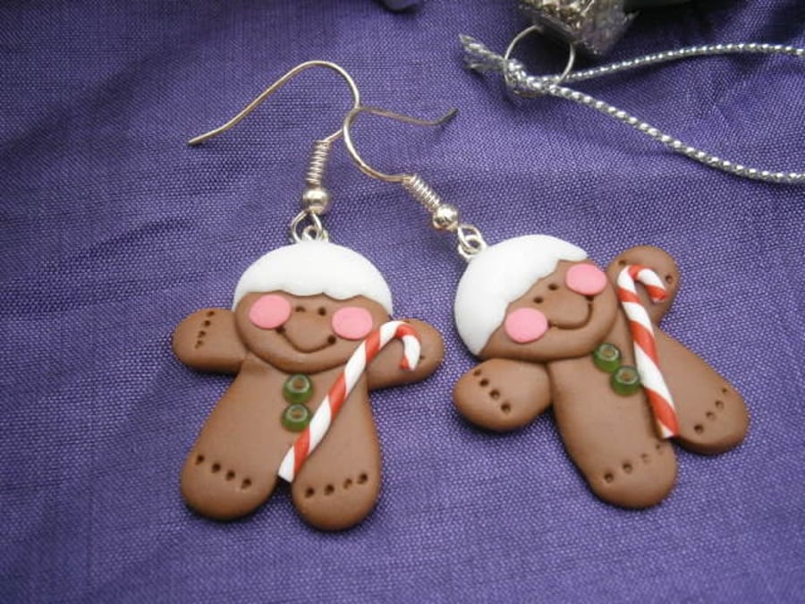 Christmas Novelty Fimo Earrings GINGERBREAD Green Buttons