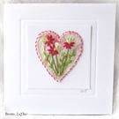 HAND EMBROIDERED VINTAGE FABRIC HEART FLORAL GREETING CARD