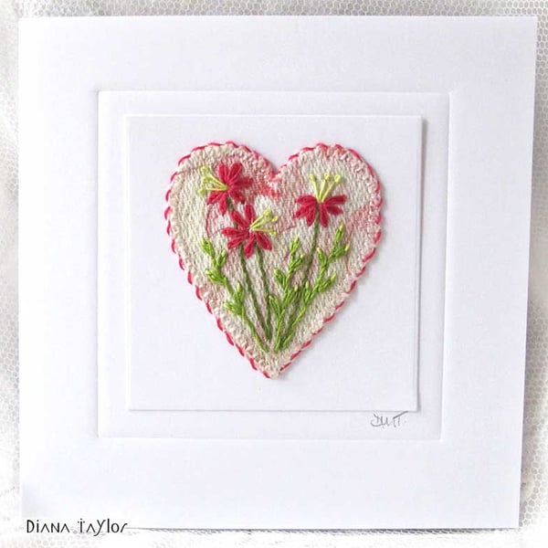 HAND EMBROIDERED VINTAGE FABRIC HEART FLORAL GREETING CARD