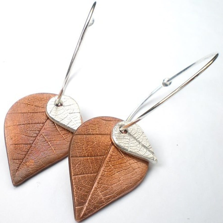 Copper and Silver Teardrop Leaf Earrings