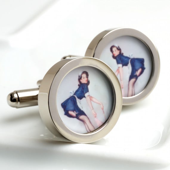 Vintage Pin Up Cufflinks of a Short Skirted Maid 1950s Kitch Fun Cuff Links