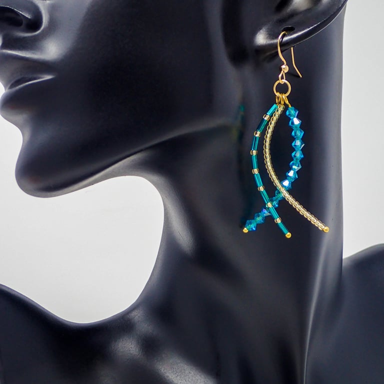 Sparkly Gold and Teal Beaded Dangle Earrings 