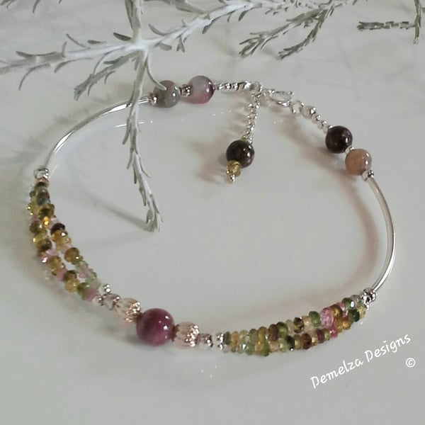 Designer Dainty Watermelon Tourmaline Sterling Silver Bracelet ONE OFF