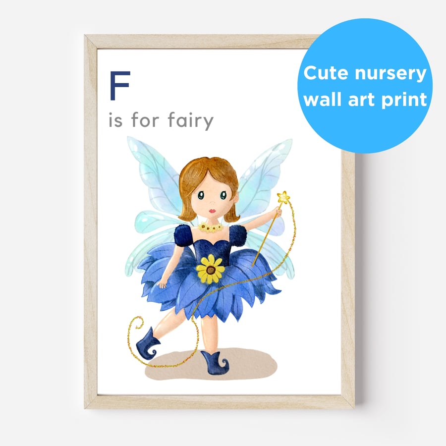 Flower fairy blue dress unframed nursery wall art print picture childs bedroom
