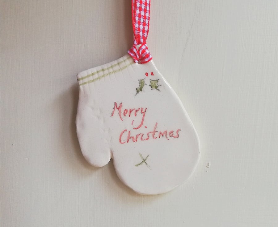 Ceramic christmas mitten tree decoration handmade ornament bauble