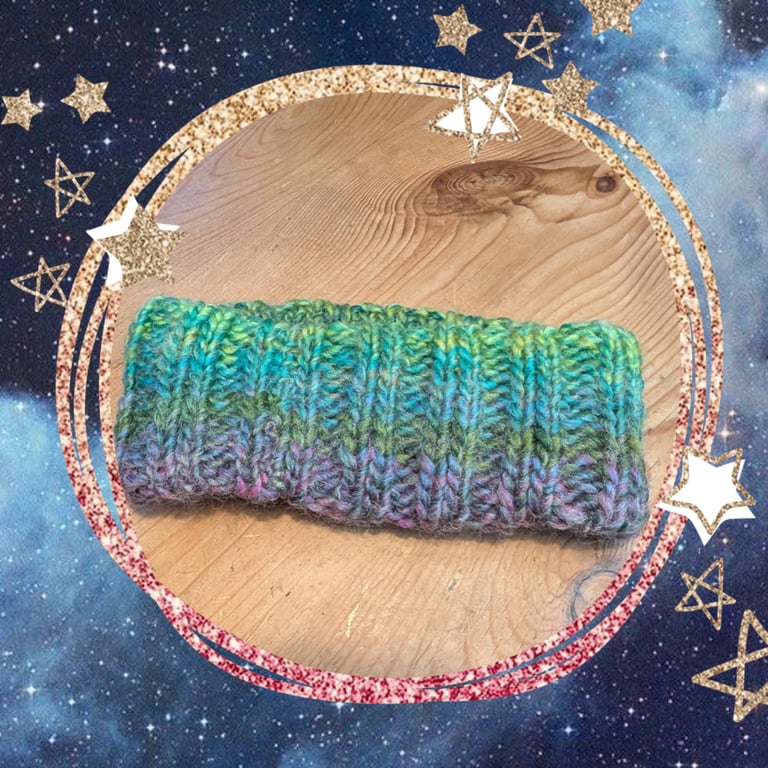 Handknit headband, ear warmer, green purple colour palette 