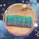 Handknit headband, ear warmer, green purple colour palette 