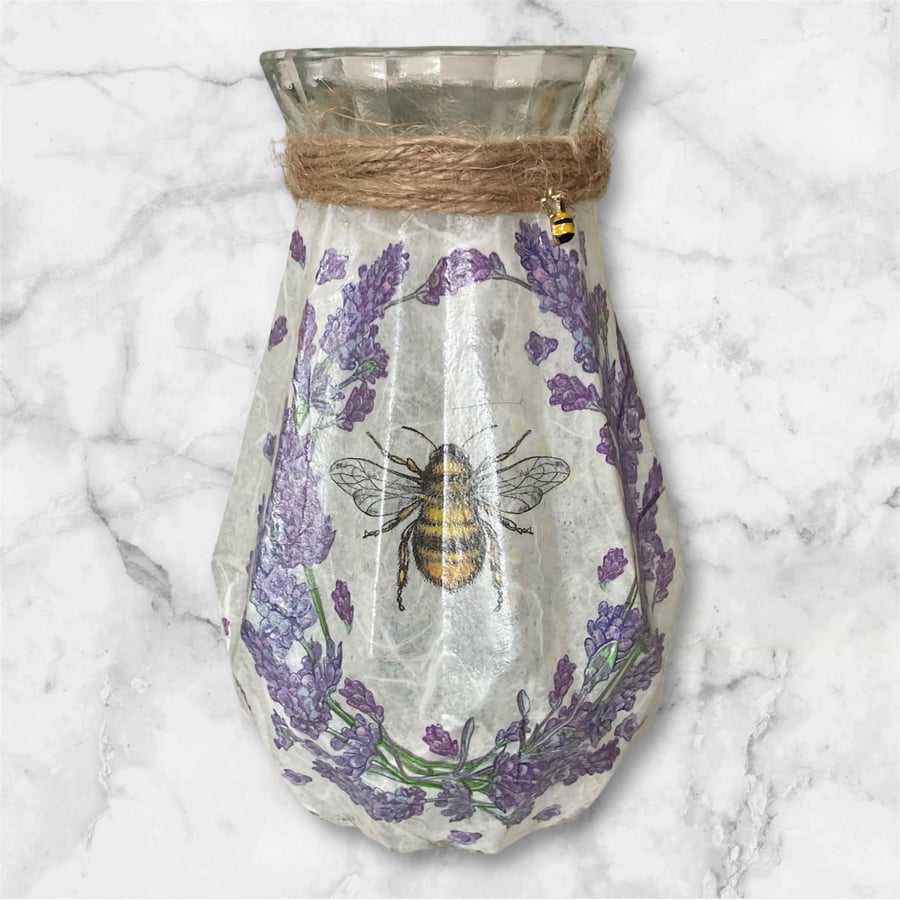 Glass Vase. Floral Lavender Bee. Decoupaged.