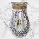 Glass Vase. Floral Lavender Bee. Decoupaged.