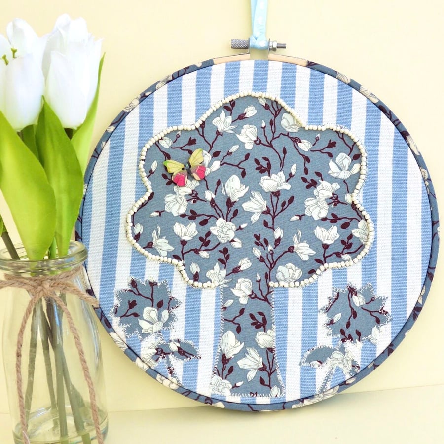 Embroidered Hoop Decoration: Appliqué Tree & Flowers design 9” (23cm)