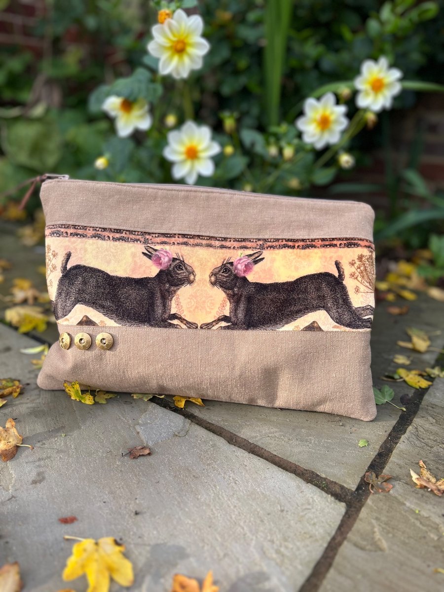 Hares velvet and linen zip pouch with vintage buttons and floral lining