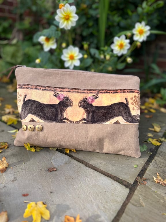 Hares velvet and linen zip pouch with vintage buttons and floral lining