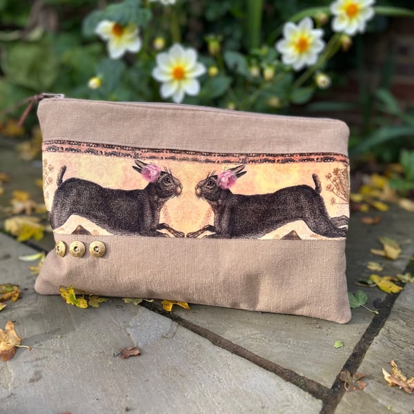 Hares velvet and linen zip pouch with vintage buttons and floral lining