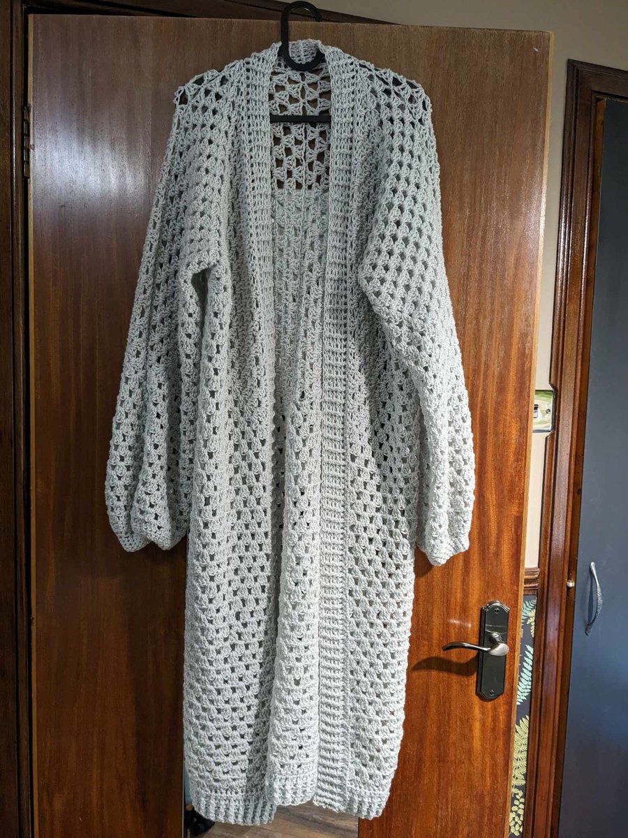 Oversized, Extra Long Sparkly Light Grey Crochet Cardigan